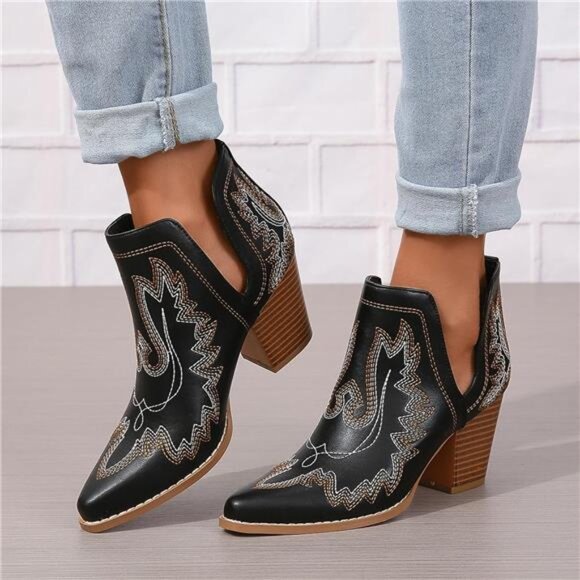 New Boho Embroidered Cowgirl Booties - Western Ankle Boots, Cutout Detailing - Picture 3 of 6